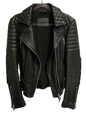 ALL SAINTS BLACK LEATHER HEMMING BIKER JACKET